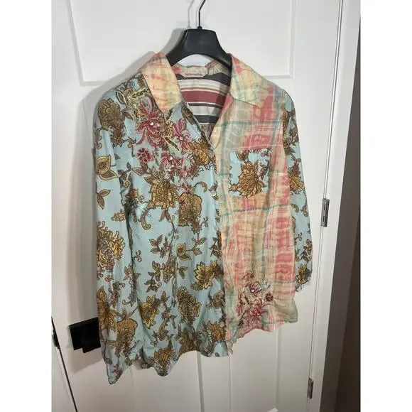 Soft Surroundings Boho Long Line Embroidered Floral Cotton Shirt Tunic Size L - Picture 2 of 8